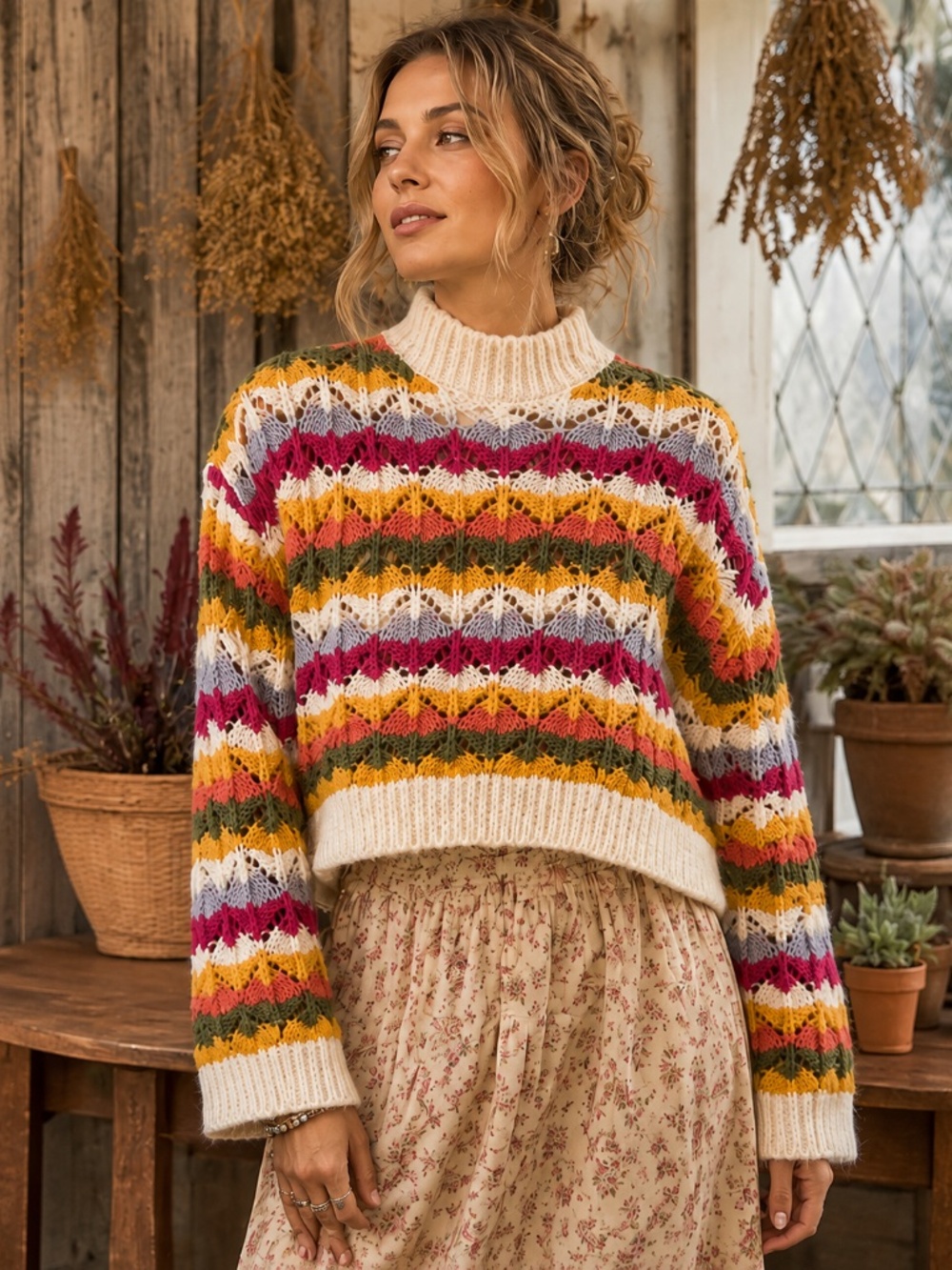 THML Women’s Colorful Cropped Crochet Sweater M Boho Hippie Autumn Cottagecore